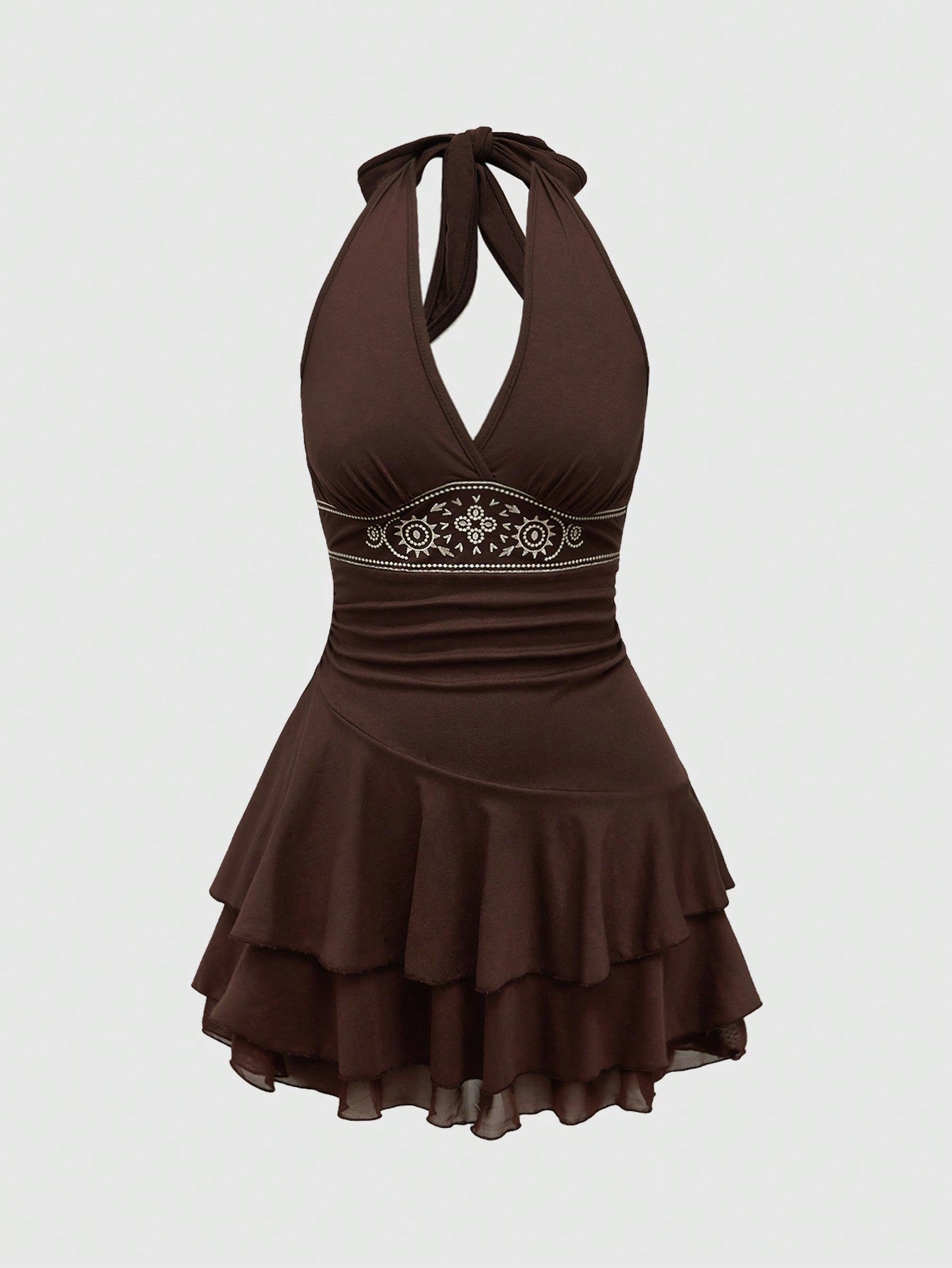ROMWE Hippie Sun Totem Embroidered Spaghetti Strap Layered Hem Short Dress For Women