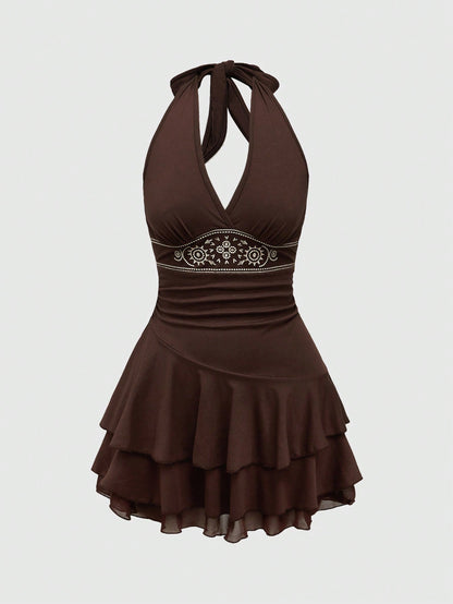 ROMWE Hippie Sun Totem Embroidered Spaghetti Strap Layered Hem Short Dress For Women