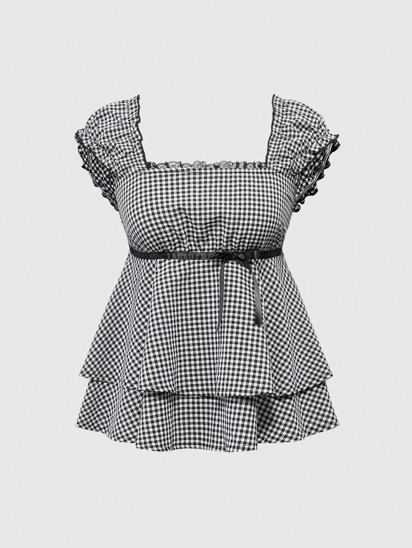 ROMWE Kawaii Spring/Summer Carnival Party Casual Plus Size Plaid Print A-Line Shirt Dress With Bow Collar Decor, Stylish Princess Design