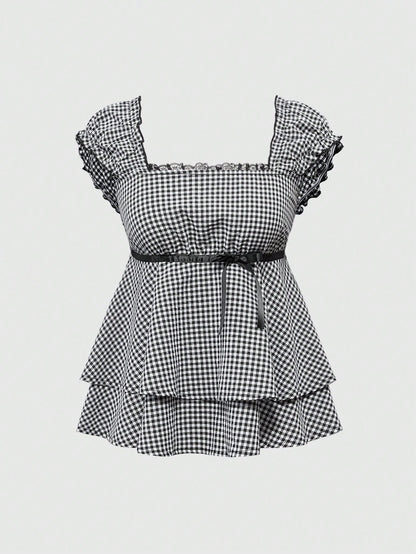 ROMWE Kawaii Spring/Summer Carnival Party Casual Plus Size Plaid Print A-Line Shirt Dress With Bow Collar Decor, Stylish Princess Design