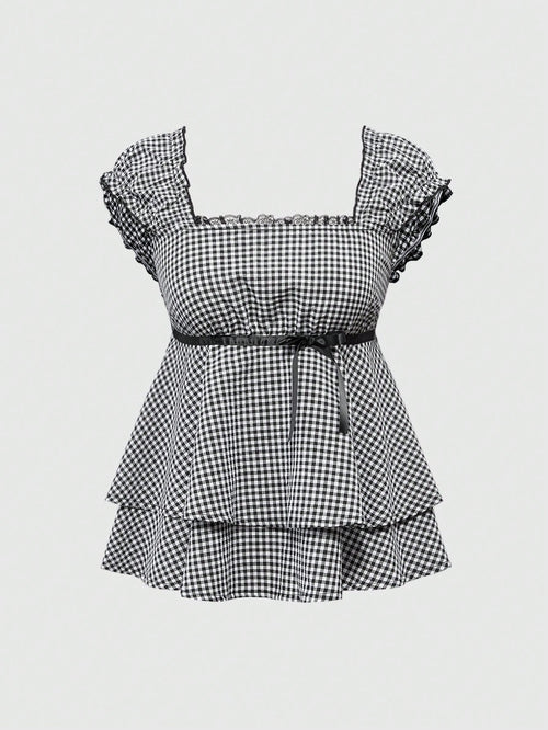 ROMWE Kawaii Spring/Summer Carnival Party Casual Plus Size Plaid Print A-Line Shirt Dress With Bow Collar Decor, Stylish Princess Design