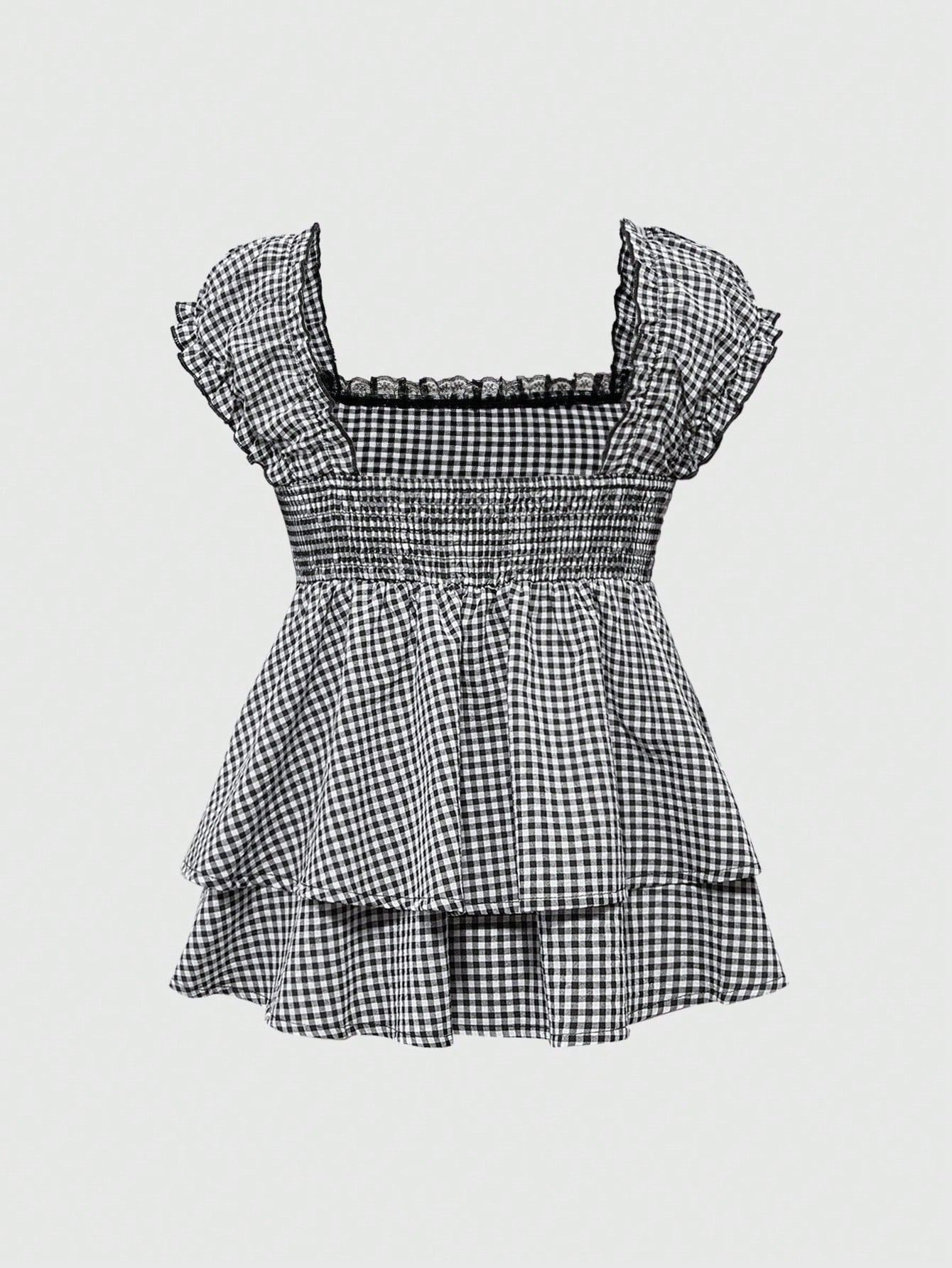 ROMWE Kawaii Spring/Summer Carnival Party Casual Plus Size Plaid Print A-Line Shirt Dress With Bow Collar Decor, Stylish Princess Design