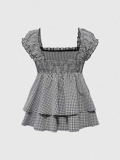 ROMWE Kawaii Spring/Summer Carnival Party Casual Plus Size Plaid Print A-Line Shirt Dress With Bow Collar Decor, Stylish Princess Design