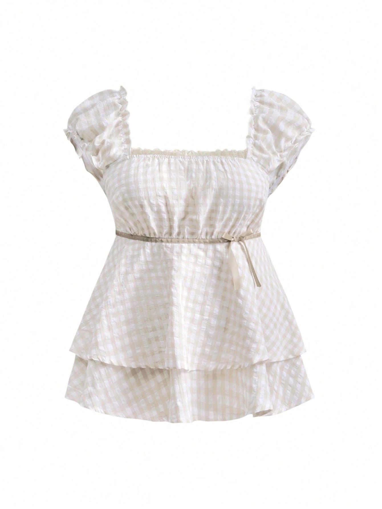 ROMWE Kawaii Spring/Summer Carnival Party Casual Plus Size Plaid Print A-Line Shirt Dress With Bow Collar Decor, Stylish Princess Design