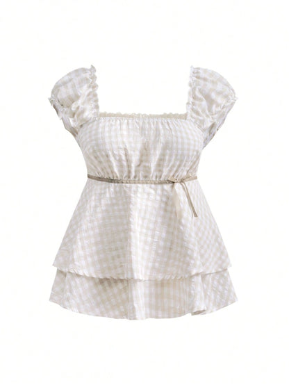 ROMWE Kawaii Spring/Summer Carnival Party Casual Plus Size Plaid Print A-Line Shirt Dress With Bow Collar Decor, Stylish Princess Design