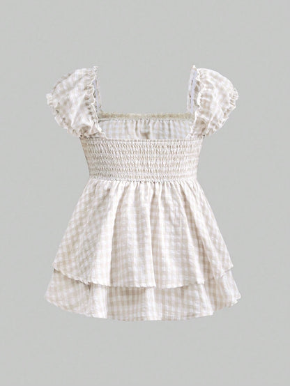 ROMWE Kawaii Spring/Summer Carnival Party Casual Plus Size Plaid Print A-Line Shirt Dress With Bow Collar Decor, Stylish Princess Design