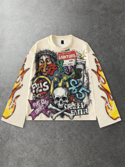 ROMWE MEN Street Life Spring Casual Graphic Men'S Skeleton Print Long Sleeve T-Shirt, Vintage Street Style