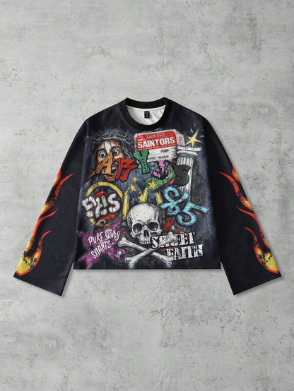 ROMWE MEN Street Life Spring Casual Graphic Men'S Skeleton Print Long Sleeve T-Shirt, Vintage Street Style