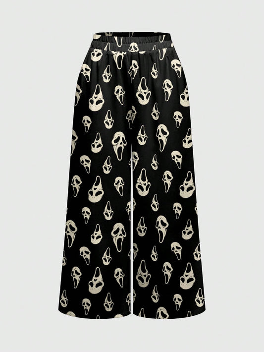 ROMWE Spring/Summer Casual Graphic Black Punk Horror Gothic Dark Loose Women Pants