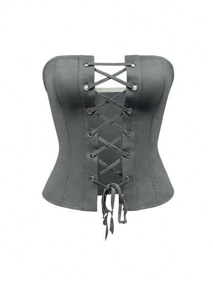 Rovax Plus Size Women's Solid Color Eyelet Lace-Up Design Fitted Versatile Daily Outing Bandeau Top