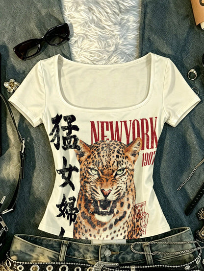 Rovax White,Summer,Streetwear Y2k,City Break Slim-Fit Square-Neck Top With Tiger Print,Red NY Lettering Casual Stylish Everyday Wear Gift For Mom
