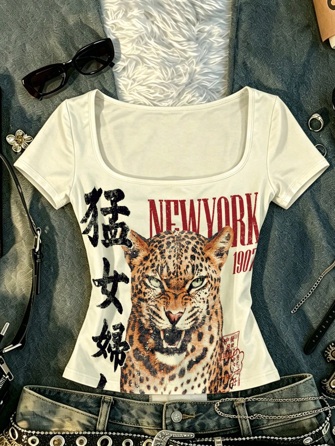 Rovax White,Summer,Streetwear Y2k,City Break Slim-Fit Square-Neck Top With Tiger Print,Red NY Lettering Casual Stylish Everyday Wear Gift For Mom