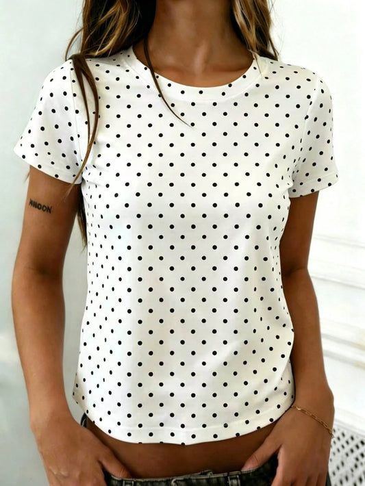 Rovax White Women's Polka Dot Print Short Sleeve Casual T-Shirt