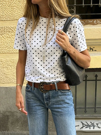 Rovax White Women's Polka Dot Print Short Sleeve Casual T-Shirt