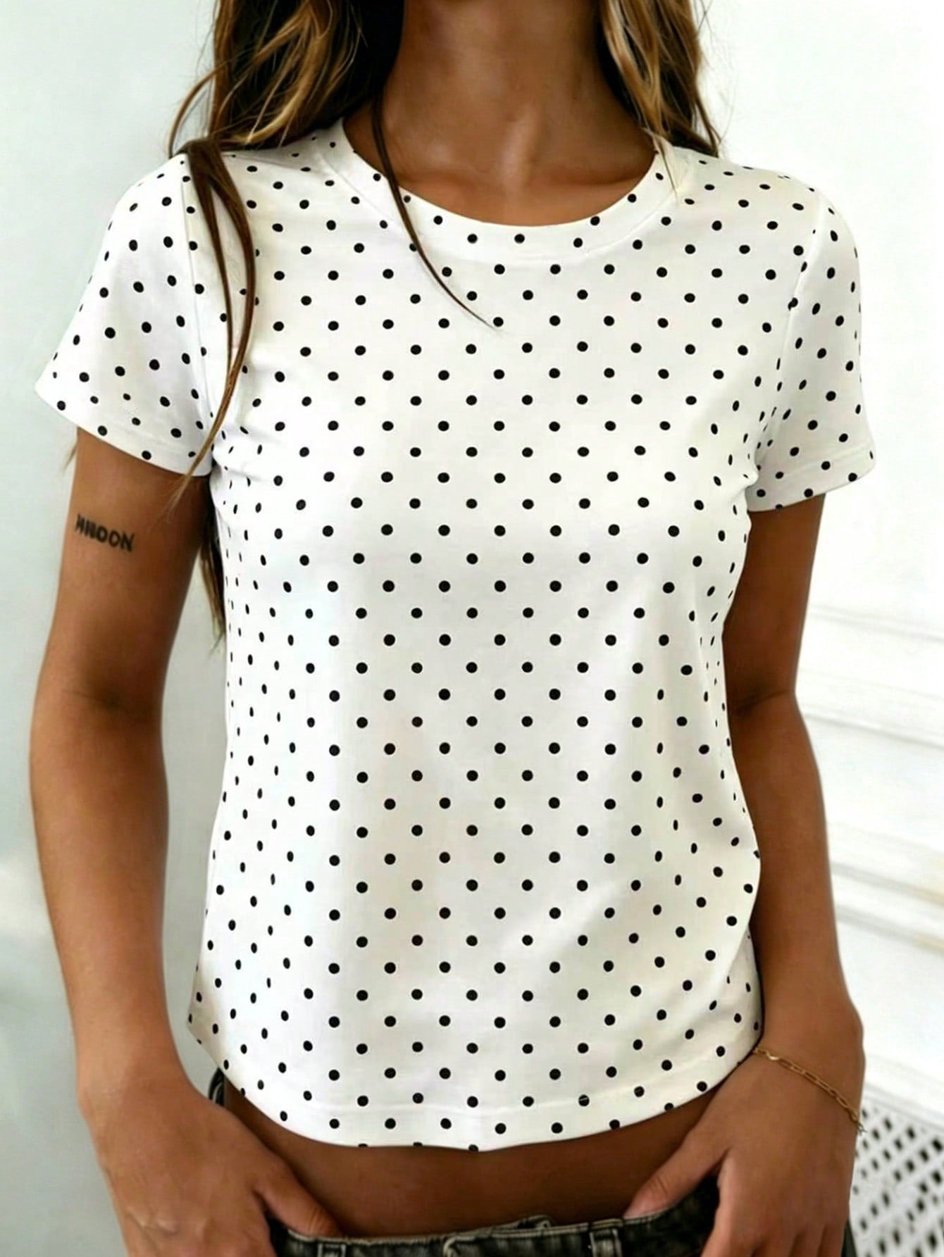 Rovax White Women's Polka Dot Print Short Sleeve Casual T-Shirt
