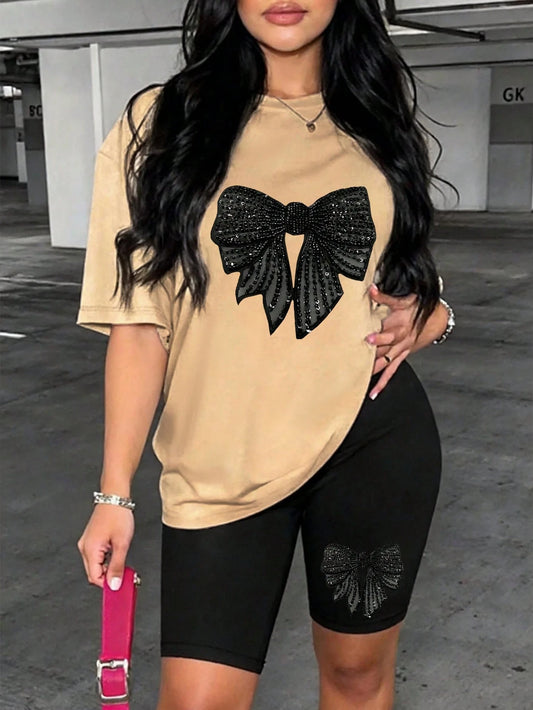 Rovax Women's Summer Casual Commuting Mesh Patchwork Sequin Bow Loose Shoulder T-Shirt And Cycling Shorts 2-Piece Set