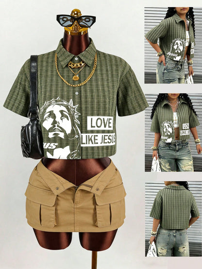 Rovax Y2K Streetwear Jesus Print Slogan Casual Women Shirt