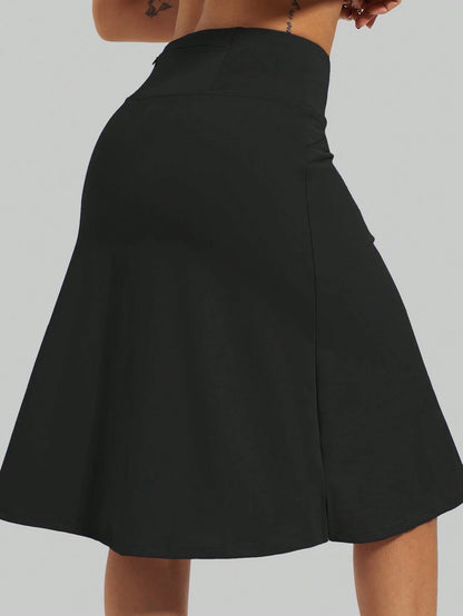 RUNONWHEELS 5 Women's Golf Skirt, Mid-Length Tennis Skirt, Knee-Length Skirt Pants, Casual Sports Style, Loose Long Skirt With Pockets, UV Protection Black Spring