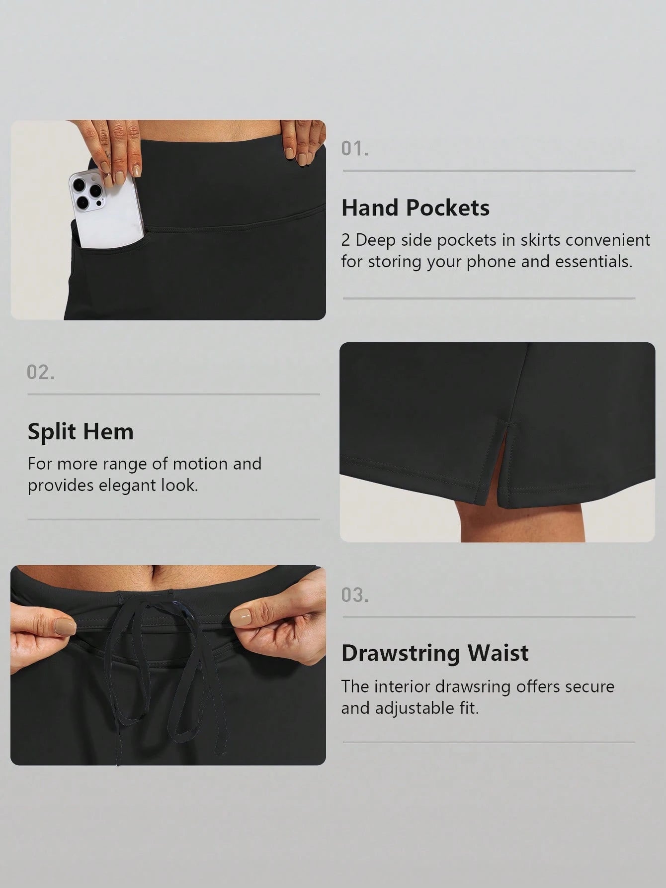 RUNONWHEELS 5 Women's Golf Skirt, Mid-Length Tennis Skirt, Knee-Length Skirt Pants, Casual Sports Style, Loose Long Skirt With Pockets, UV Protection Black Spring
