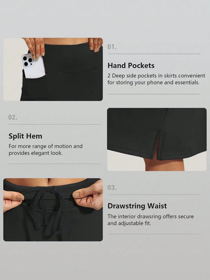 RUNONWHEELS 5 Women's Golf Skirt, Mid-Length Tennis Skirt, Knee-Length Skirt Pants, Casual Sports Style, Loose Long Skirt With Pockets, UV Protection Black Spring