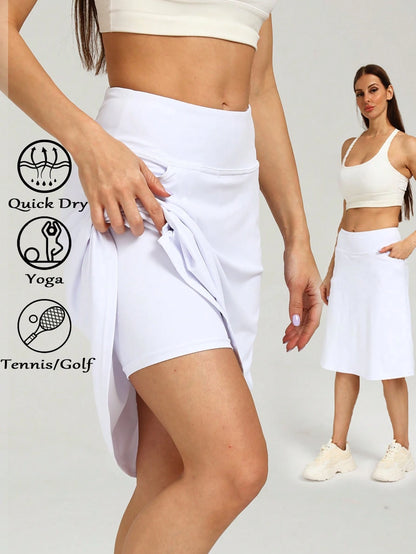 RUNONWHEELS 5 Women's Golf Skirt, Mid-Length Tennis Skirt, Knee-Length Skirt Pants, Casual Sports Style, Loose Long Skirt With Pockets, UV Protection Black Spring