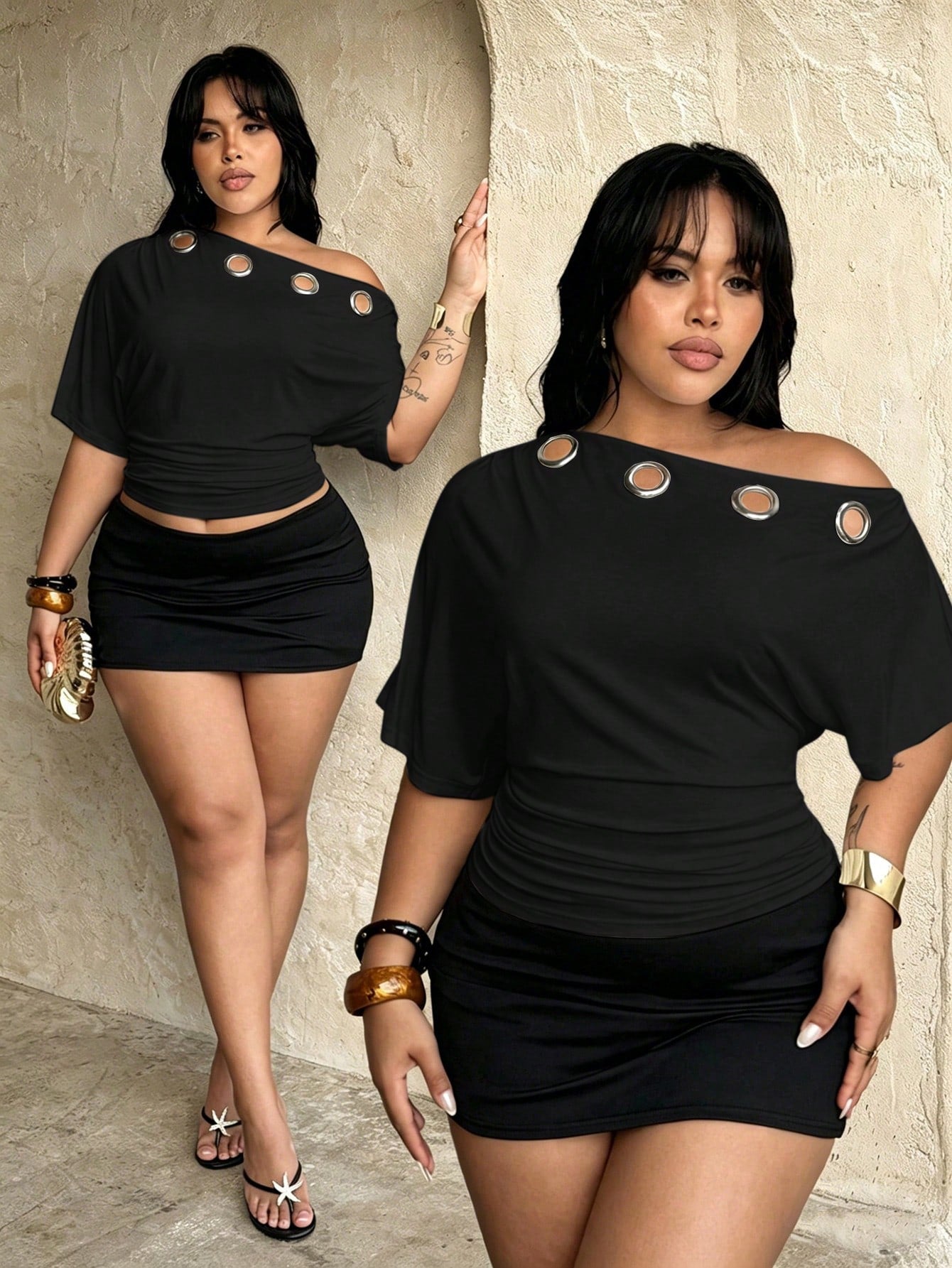 Rustia Plus Size Women's Asymmetrical Shoulder Casual Top With Eyelet Neckline, Ruched Waist, Comfortable For Spring And Summer