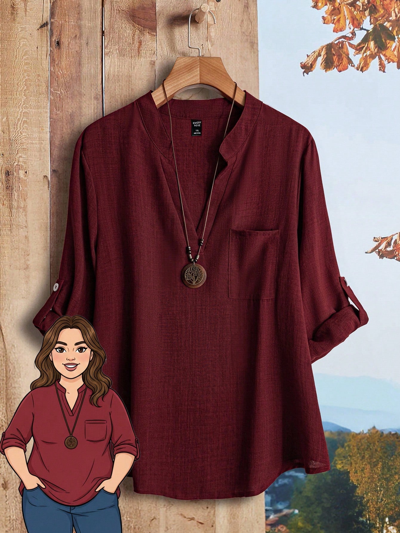 Rusticease Plus Size Women Solid Color Deep V-Neck Roll Sleeve Casual Shirt Fall