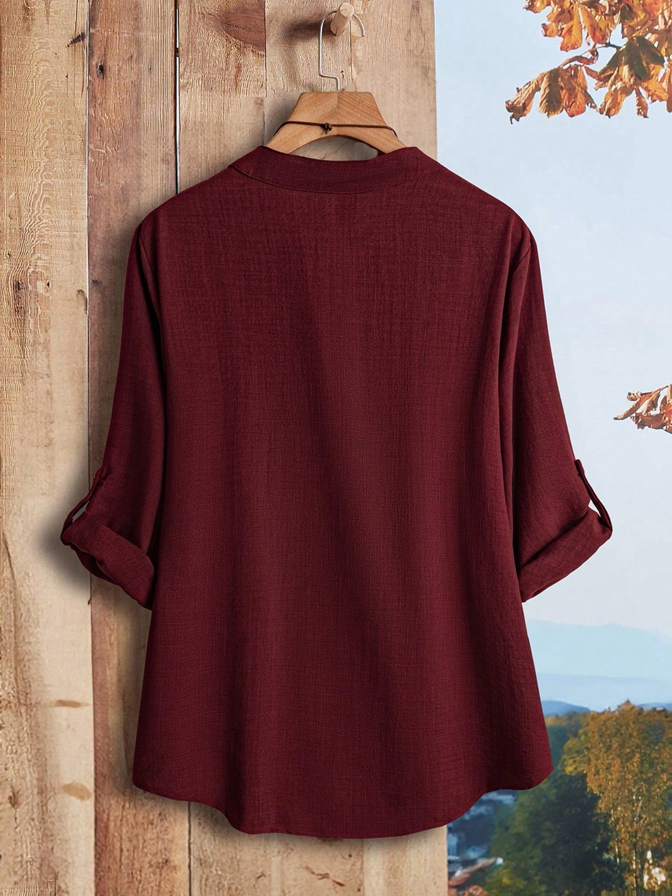 Rusticease Plus Size Women Solid Color Deep V-Neck Roll Sleeve Casual Shirt Fall