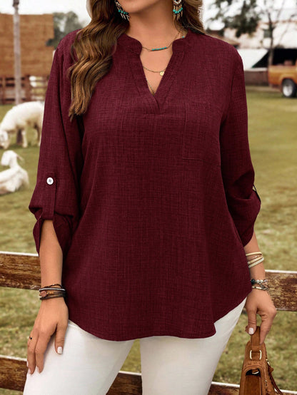 Rusticease Plus Size Women Solid Color Deep V-Neck Roll Sleeve Casual Shirt Fall