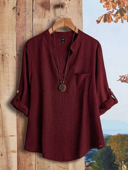 Rusticease Plus Size Women Solid Color Deep V-Neck Roll Sleeve Casual Shirt Fall