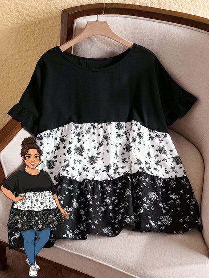 Rusticease Women's Plus Size Casual Black And White Color Block Mixed Ditsy Floral Shirt,Summer Boho Holiday Vacation Style,Western Mother's Day Country