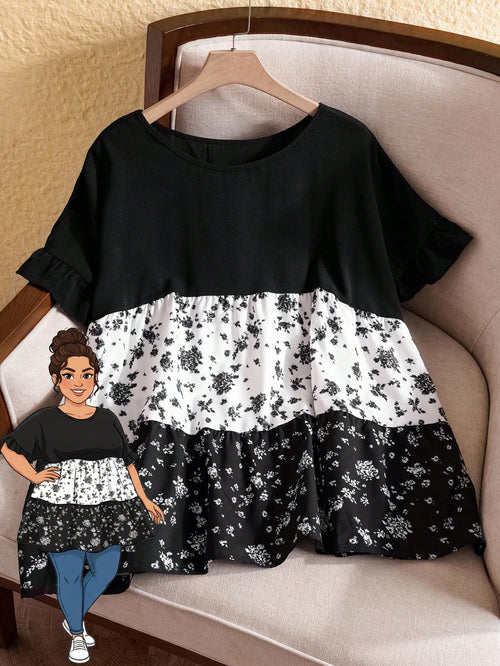 Rusticease Women's Plus Size Casual Black And White Color Block Mixed Ditsy Floral Shirt,Summer Boho Holiday Vacation Style,Western Mother's Day Country