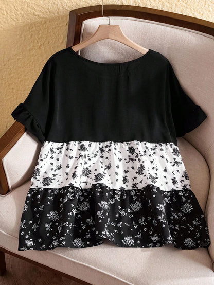 Rusticease Women's Plus Size Casual Black And White Color Block Mixed Ditsy Floral Shirt,Summer Boho Holiday Vacation Style,Western Mother's Day Country
