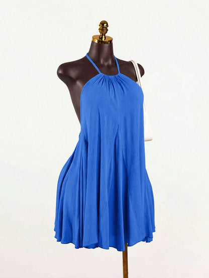 SaltGleam SaltGleam Women's Solid Color Halter Neck Tie Back Open Back Ruched Sexy Date Mini Dress
