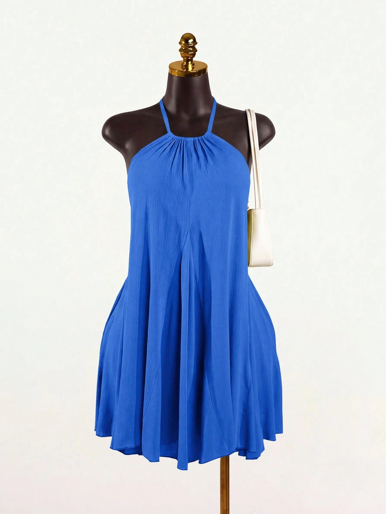 SaltGleam SaltGleam Women's Solid Color Halter Neck Tie Back Open Back Ruched Sexy Date Mini Dress