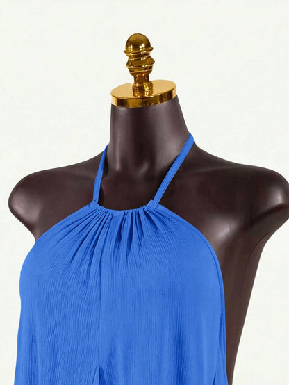 SaltGleam SaltGleam Women's Solid Color Halter Neck Tie Back Open Back Ruched Sexy Date Mini Dress