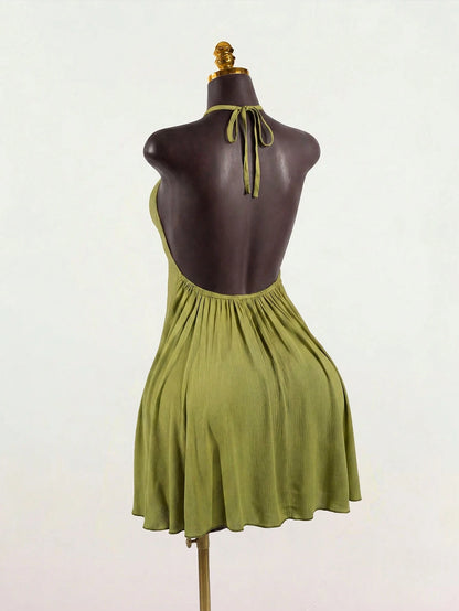 SaltGleam SaltGleam Women's Solid Color Halter Neck Tie Back Open Back Ruched Sexy Date Mini Dress