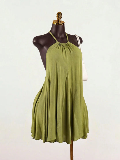 SaltGleam SaltGleam Women's Solid Color Halter Neck Tie Back Open Back Ruched Sexy Date Mini Dress