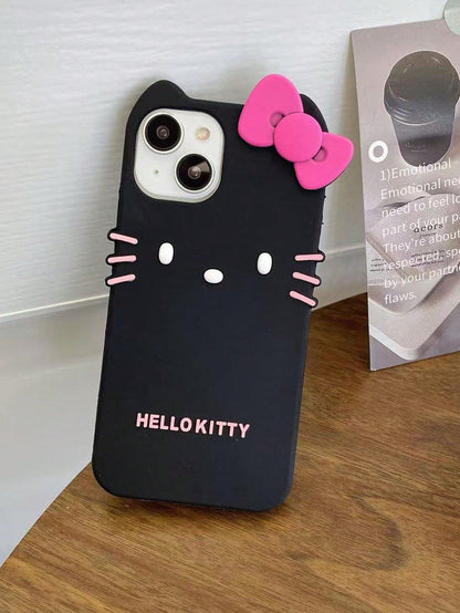 SANRIO 3D Cartoon Cute Black Skin KT Cat Silicone Soft Case Compatible With Apple 17 Pro Max, 16/15/14 Pro/16/12/11/13 Pro Max, Full Coverage Shockproof Personalized Creative Women's Phone Cover