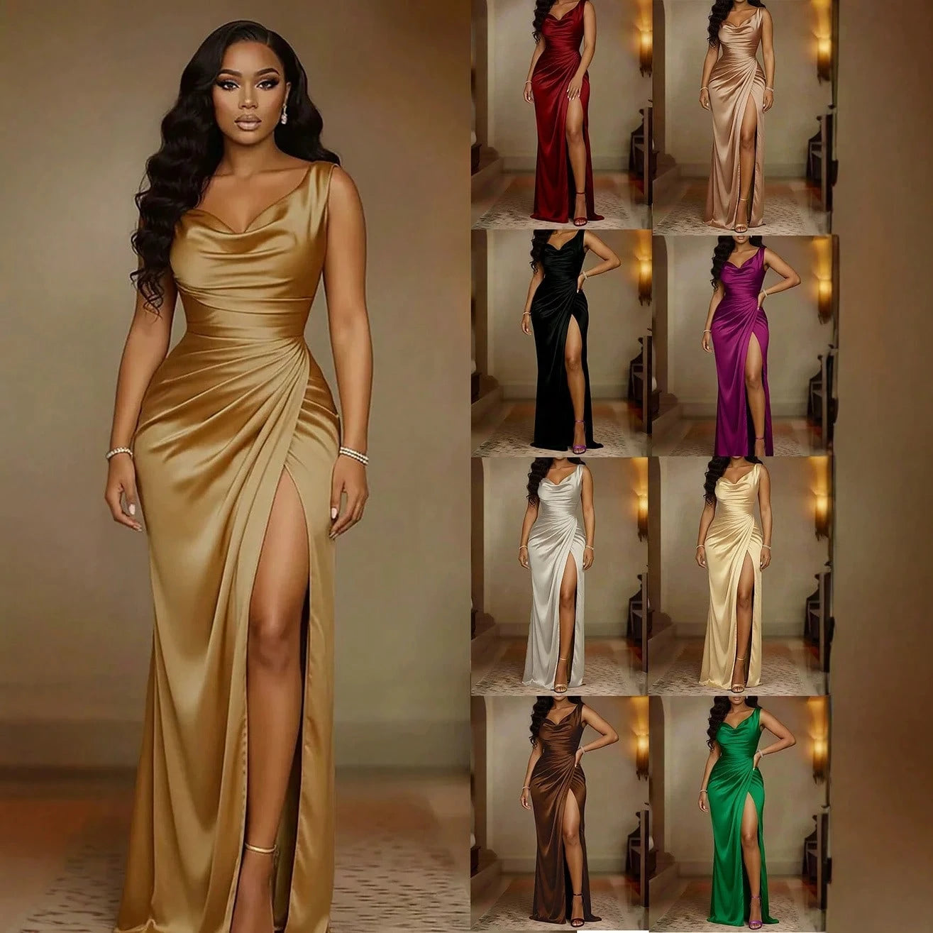 Satin Shiny Maxi Dress, Draped Neckline Side Ruched Detail, High Slit Elegant Formal Gown, Slim Fit Design, Ideal For Date Night & Formal Occasions