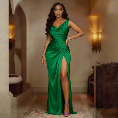 Satin Shiny Maxi Dress, Draped Neckline Side Ruched Detail, High Slit Elegant Formal Gown, Slim Fit Design, Ideal For Date Night & Formal Occasions