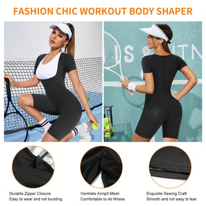 Sauna Suit For Women Sweat Vest Waist Trainer 3 In 1 Slimming Full Body Shaper Workout Top With Sleeve Shorts