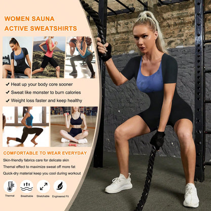 Sauna Suit For Women Sweat Vest Waist Trainer 3 In 1 Slimming Full Body Shaper Workout Top With Sleeve Shorts