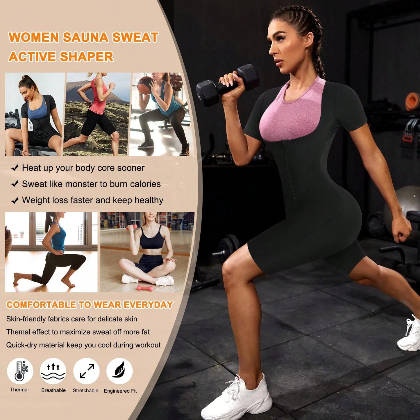 Sauna Suit For Women Sweat Vest Waist Trainer 3 In 1 Slimming Full Body Shaper Workout Top With Sleeve Shorts