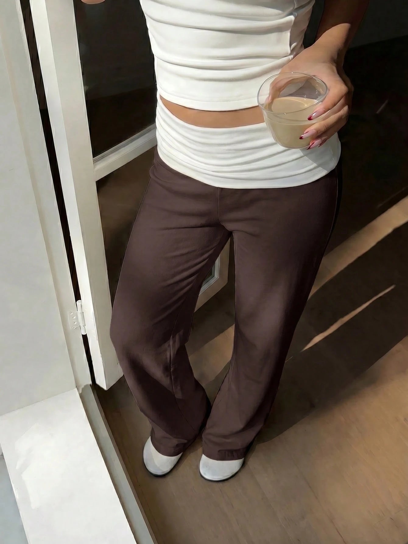 SCARLUX Summer & Autumn Y2K Women's Solid Brown Flare Pants, Folded Low Waist Casual Long Pants, Suitable For Back To School Streetwear