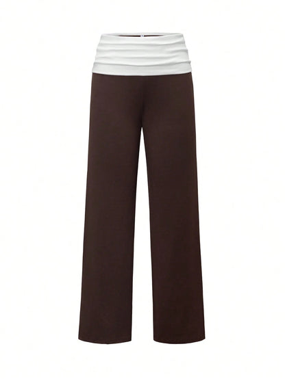 SCARLUX Summer & Autumn Y2K Women's Solid Brown Flare Pants, Folded Low Waist Casual Long Pants, Suitable For Back To School Streetwear