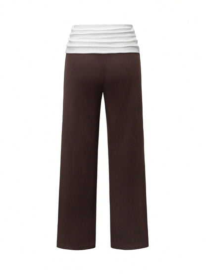 SCARLUX Summer & Autumn Y2K Women's Solid Brown Flare Pants, Folded Low Waist Casual Long Pants, Suitable For Back To School Streetwear