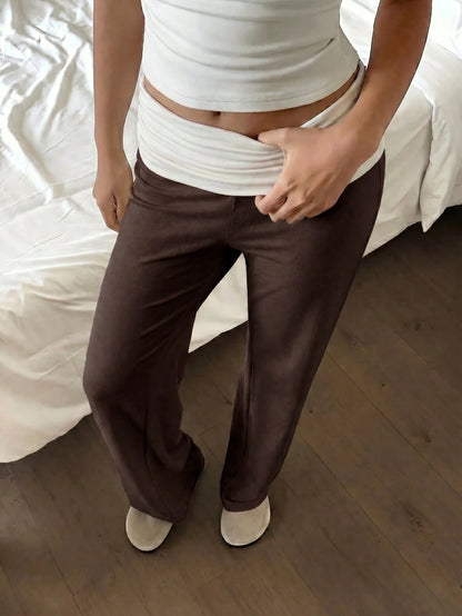 SCARLUX Summer & Autumn Y2K Women's Solid Brown Flare Pants, Folded Low Waist Casual Long Pants, Suitable For Back To School Streetwear