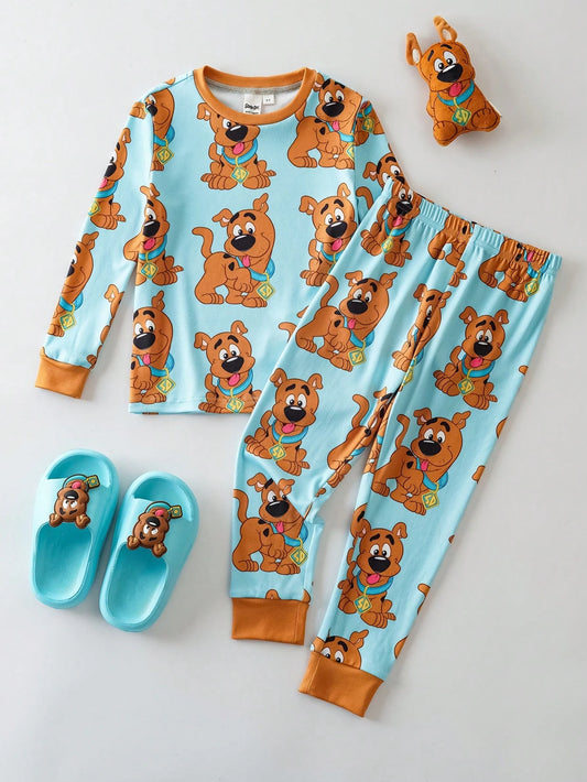 SCOOBY-DOO X 2pcs/Set Young Boy Funny Cartoon Dog All-Over Print Crew Neck Long Sleeve Top & Pants Knit Pajama Set