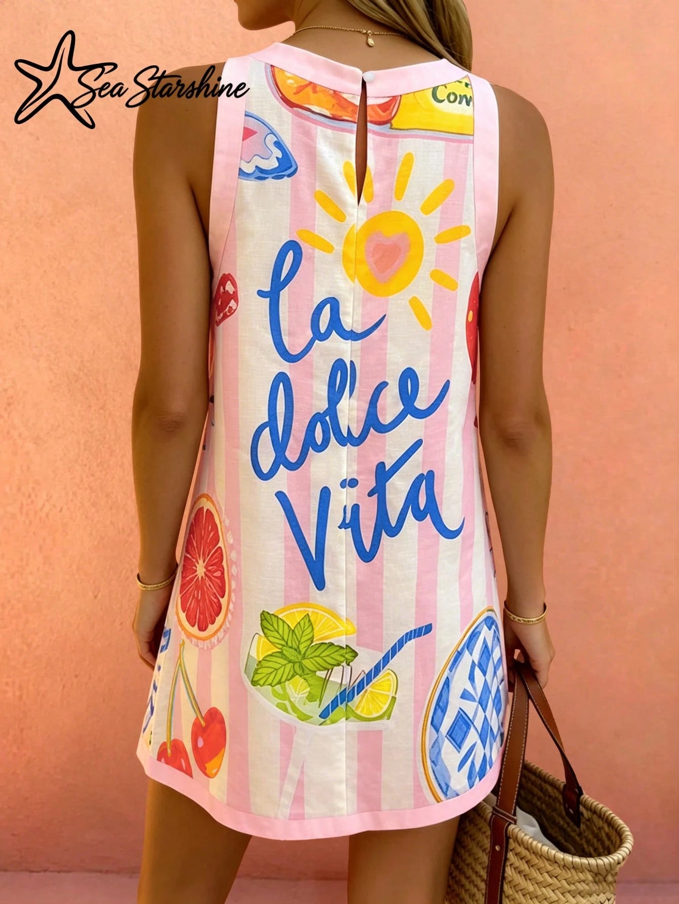 Sea Starshine New Arrival:Dopamine-Hued Sleeveless Dress Featuring Lobster And Letter Prints- Elegant Summer